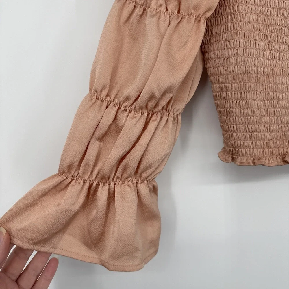 Free People Intimately Ruffle Crop Blouse Pink Puff Sleeve Large Boho Peasant